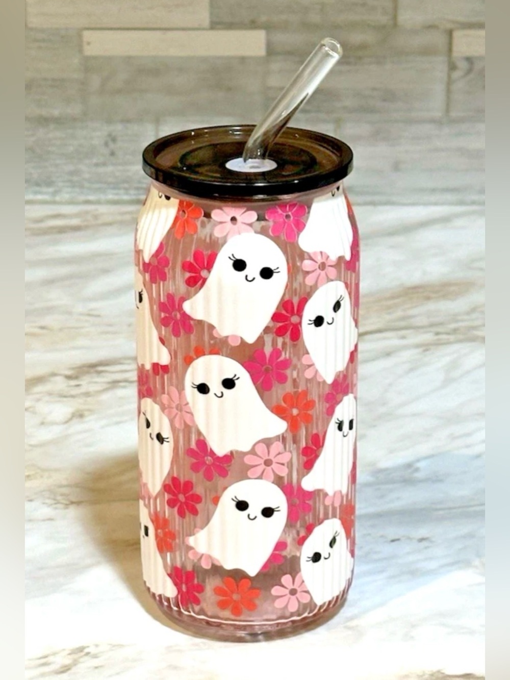 20 Ounce Halloween Pink Glass With Ghosts and Flowers Print Lid and Straw